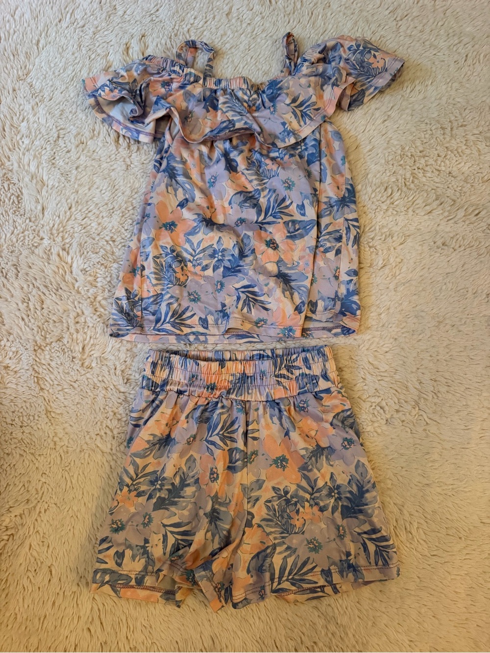 Girls Floral Ruffle Top and Shorts Set - Peach & Blue
